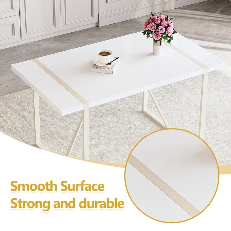 Dining Table Set for 6, 7 Piece Home Rectangular Dining Table Set with 6 Faux Leather Chairs, Cream Dining Table and Chair Set