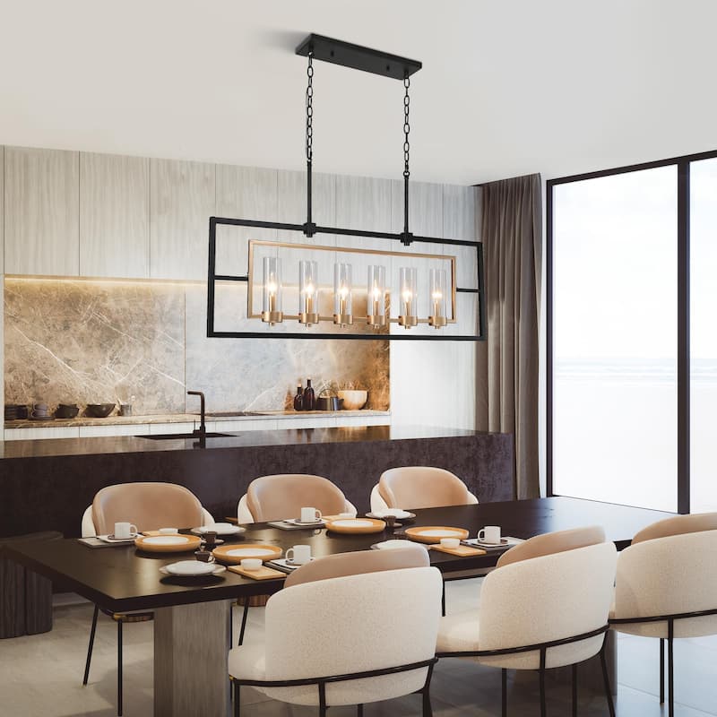 Zeci Modern Transitional Black Gold Linear Chandelier 6-light Cylinder Glass Island Lights for Dining Room - L37.5'' x W5'' x H81''