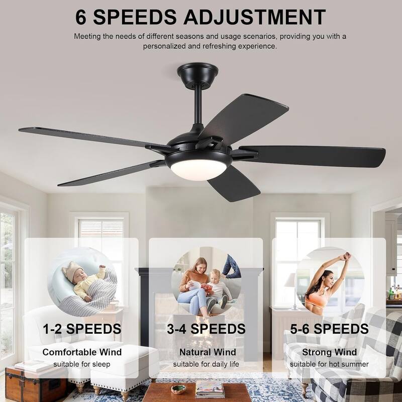46 / 52 Inches Downrod Ceiling Fan with Light and Remote,6 Dual Side Blades