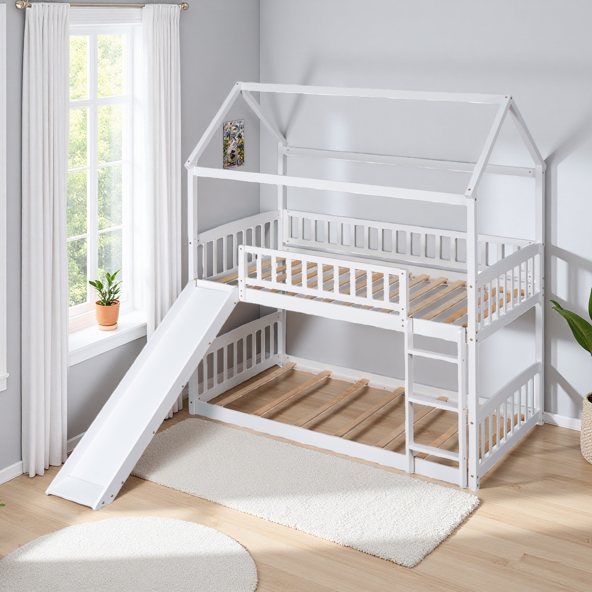 Twin over Twin Wood House Bunk Bed with Slide