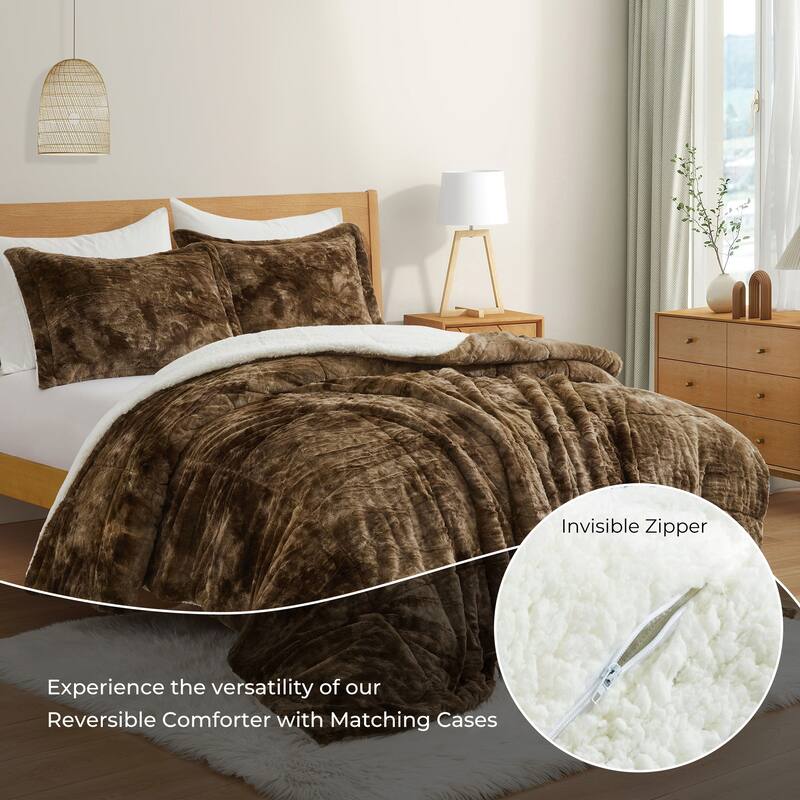 3 Piece Winter Reversible Comforter Set Faux Shearling Ultra Soft Minky Plush and Fuzzy Fleece Microfiber