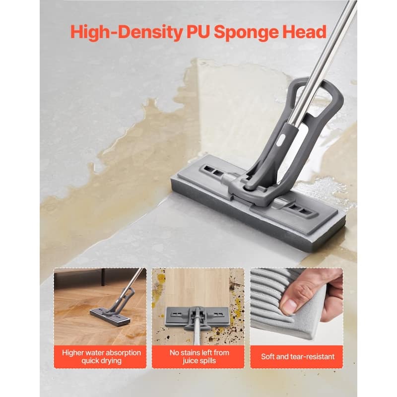 Grey Stainless Steel PU Sponge Mop with Folding Water-Press Handle and Adjustable Tube - 10.9×3.74×50.98 inch