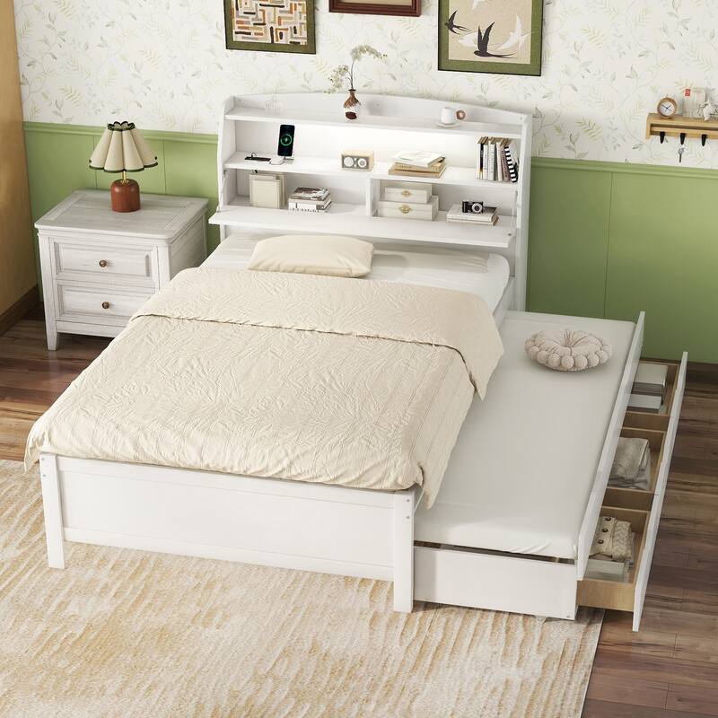 Full Size Wooden LED Platform Bed with Trundle, Storage Headboard, and Drawers in White