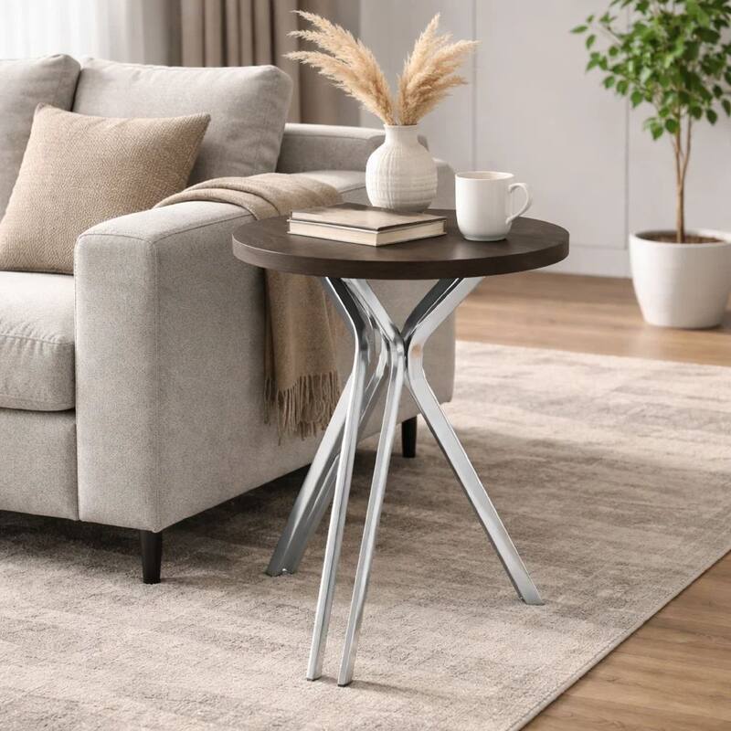 43 Inch Modern Bar Table, Gray Round Top, Polished Chrome Angled Legs
