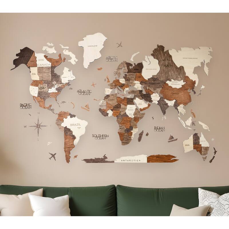 HomeRoots 47" X 79" Brown and Beige Wood World Map Hanging Dimensional Sculpture - Beige/Brown - 79.00 in. x 47.00 in.  x 0.47 in.