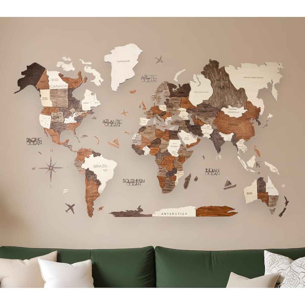HomeRoots 47" X 79" Brown and Beige Wood World Map Hanging Dimensional Sculpture
