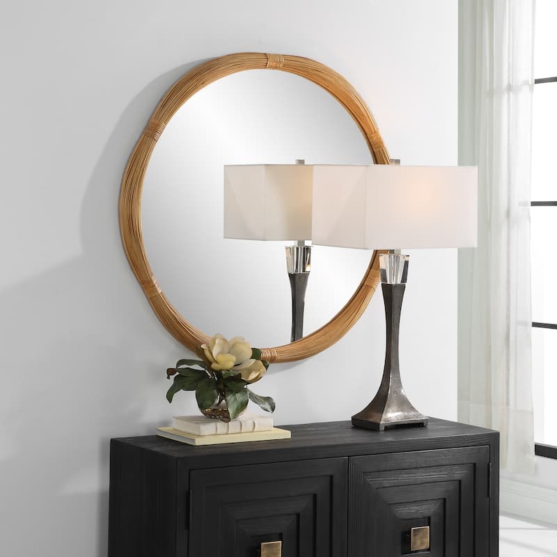 Round Bamboo Wall Mirror - 40" - Brown