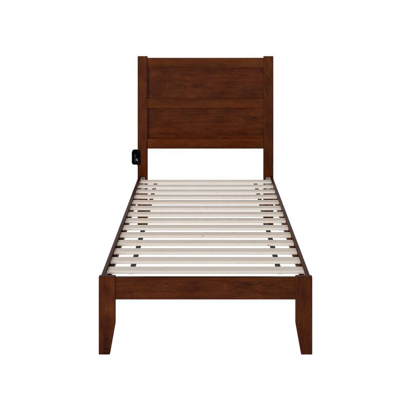 Twin XL Bed Frame Walnut Finish - Modern Platform Bed with Charging Station