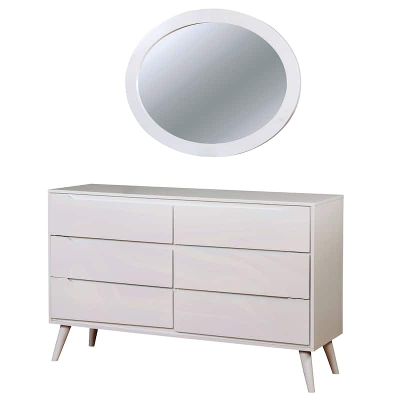 Fopp Mid-Century Modern Solid Wood 6-Drawer 2-Piece Dresser and Oval Mirror Set by Furniture of America