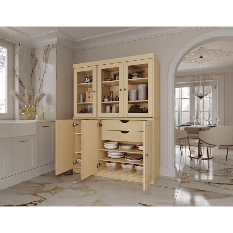 Palace Imports 100% Solid Wood Pantry China Cabinet, Raised Panel & Clear Glass Doors, 2 Drawers, 48.5" Wide, 71.5" Tall - Yellow