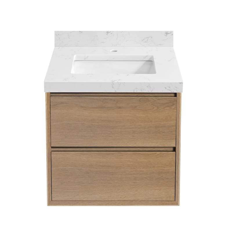24"30"36"48"60"72" Floating Bathroom Vanity Engineered Stone Top with Rectangular Ceramic Undermount Sink - 24" - Natural Oak