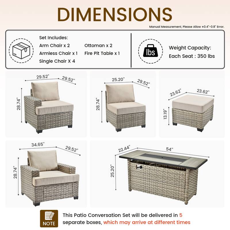 HOOOWOOO 10-piece Outdoor Wicker Wide Arm Patio Furniture Set with Fire Pit