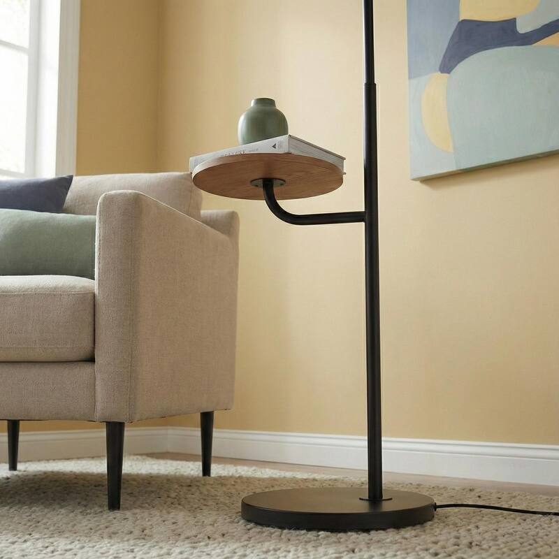 Linda Black Floor Lamp with Built-in Wooden Shelf and Fabric Shade