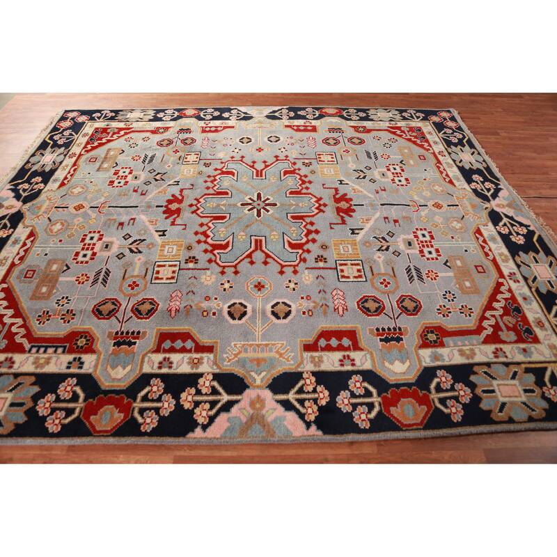 Hand Knotted Oriental 100% Wool Carpet Traditional Medallion Navy Blue & Blues Kazak Area Rug - 9' 9'' X 8' 1''