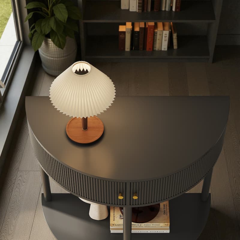 31.5" Half Moon Console Table with 3D Wave Pattern, 2 Drawers and Bottom Shelf, Artisan-Crafted Entryway Accent Table