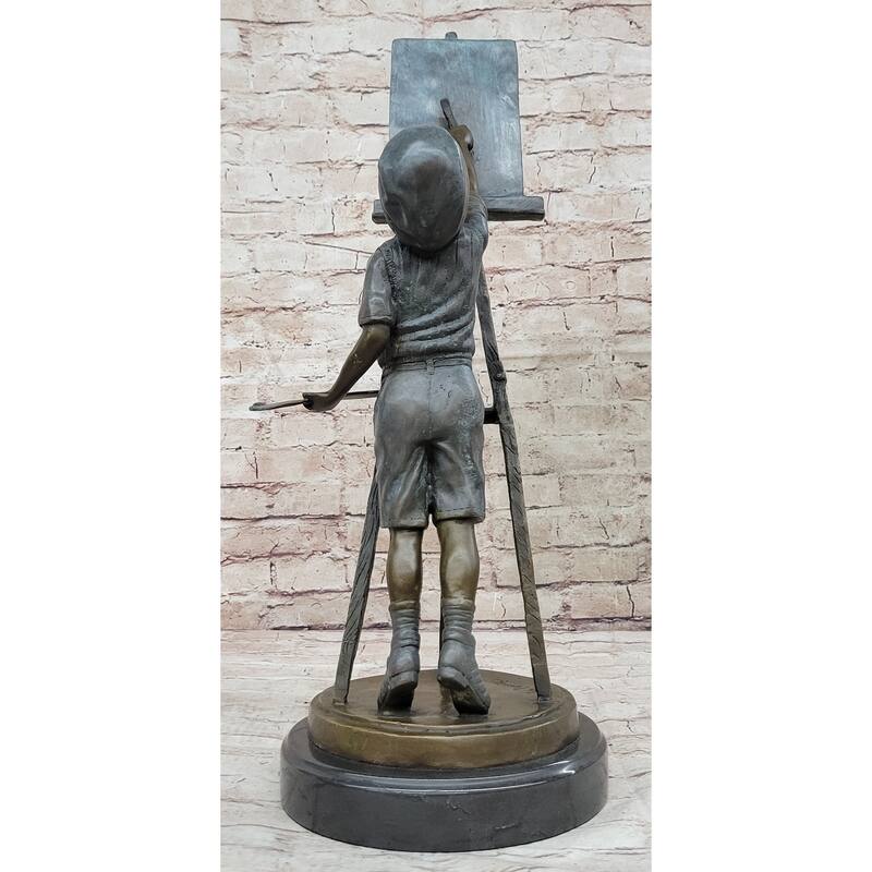Young Boy Painting On Easel W/ Pallet - Bronze Sculpture Statue Art Teacher Gift Decor