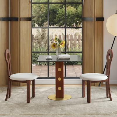 Modern Square Dining Table, 33.5" Tempered Glass Table with Wooden Leg & Gold Base, 2 - Person Kitchen Table for Small Space