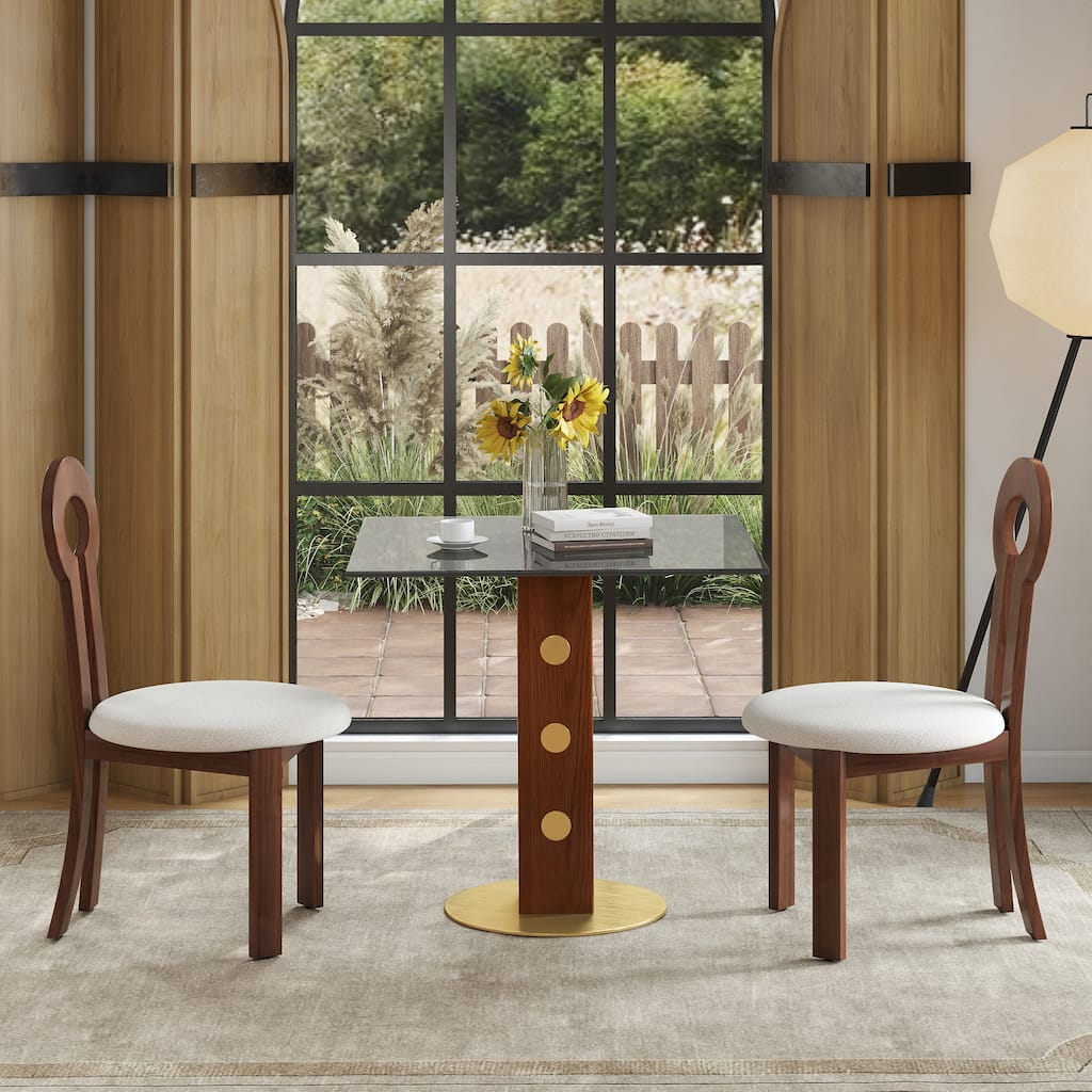 Modern Square Dining Table, 33.5" Tempered Glass Table with Wooden Leg & Gold Base, 2 - Person Kitchen Table for Small Space