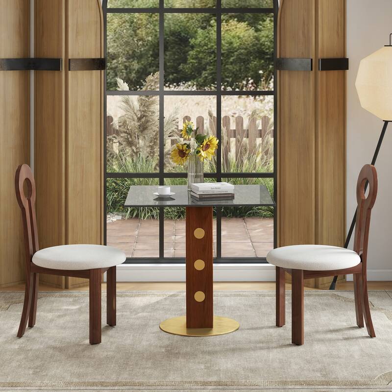 Modern Square Dining Table, 33.5" Tempered Glass Table with Wooden Leg & Gold Base, 2 - Person Kitchen Table for Small Space - Transparent,Walnut