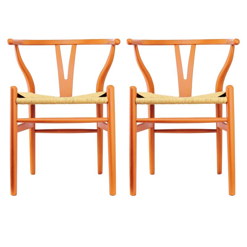 Set of 2 Modern Wish bone Solid Wooden Dining Chair with Woven Paper cord Seat, Farmhouse Y Back Elbow Side Chair