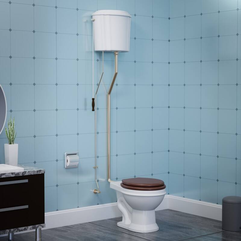 High Tank Toilet - White Ceramic Tank, Elongated White Bowl and Brass PVD L Pipes Renovators Supply