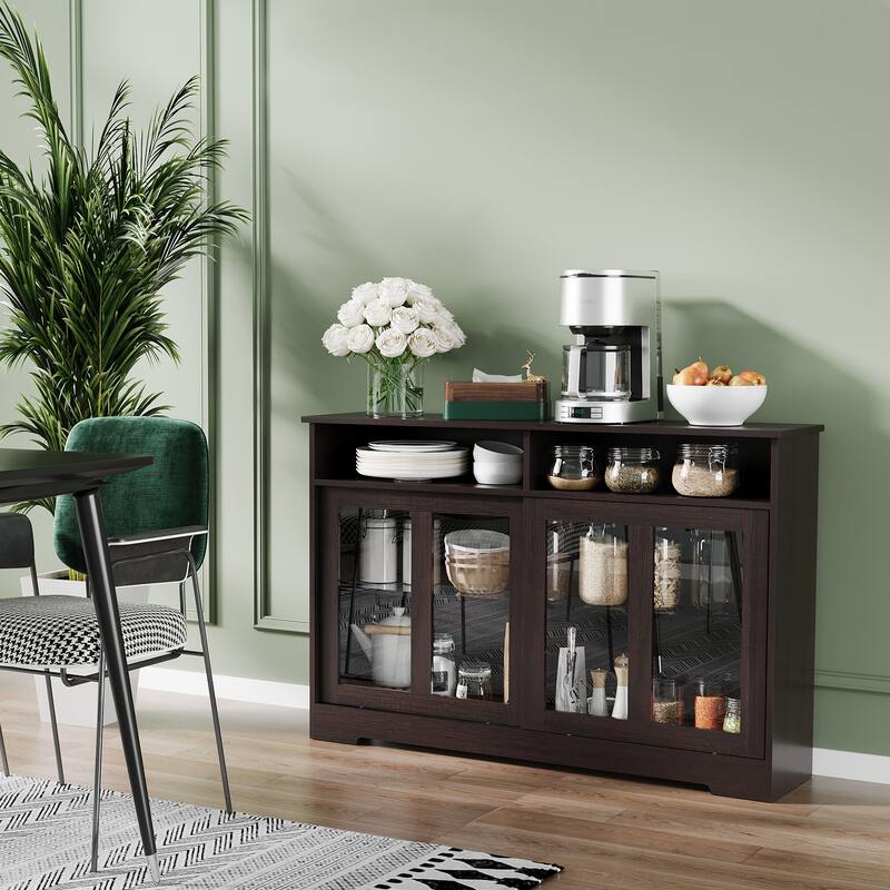 Dark Brown Wood Grain Sideboard with Glass Doors Sliding Storage Cabinet for Kitchen and Dining Room