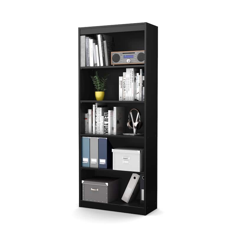 5-Shelf Bookcase in Pure Black with Adjustable and Fixed Shelves for Versatile Open Storage - 11.5