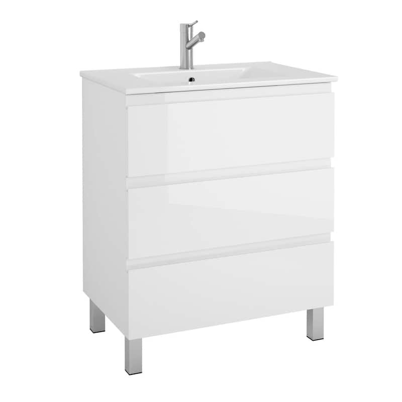 HomeRoots 28" White Wood Freestanding Bathroom Vanity With White Sink And Three Drawers - 28.00 in. x 39.06 in. x 18.10 in.