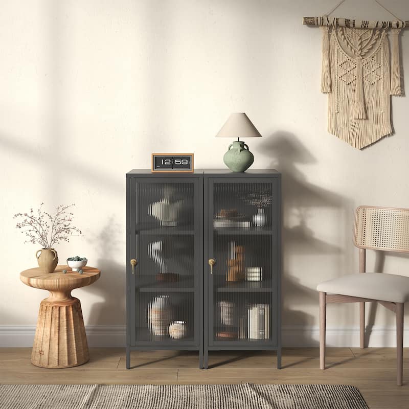 Benoite 40.02-inch Black One Door Metal Storage Cabinet with Fluted Clear Door and Gold Handle - 40.02