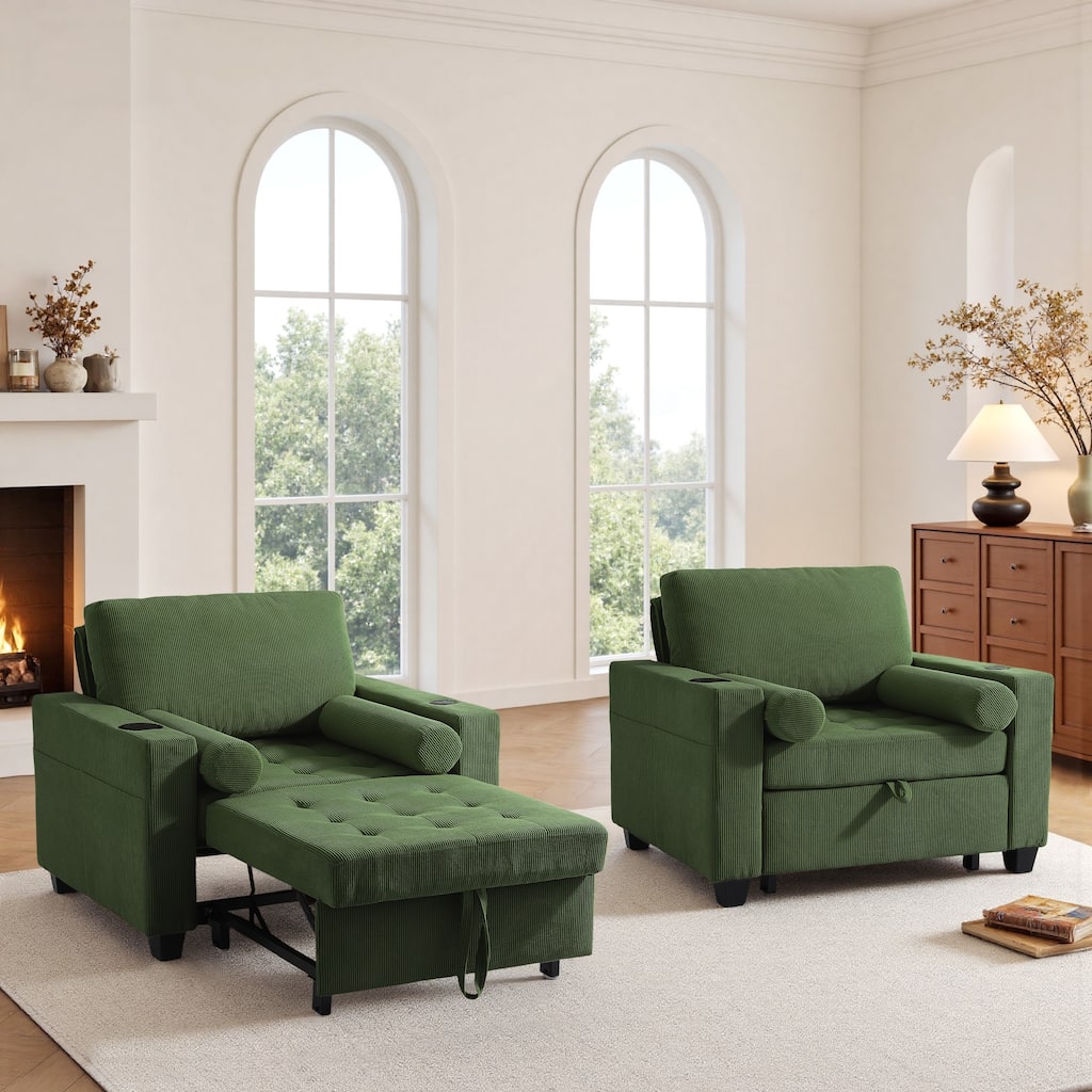 2 Set Convertible Adjustable Lounge 3-in-1 Pull-Out Sleeper Chair Bed