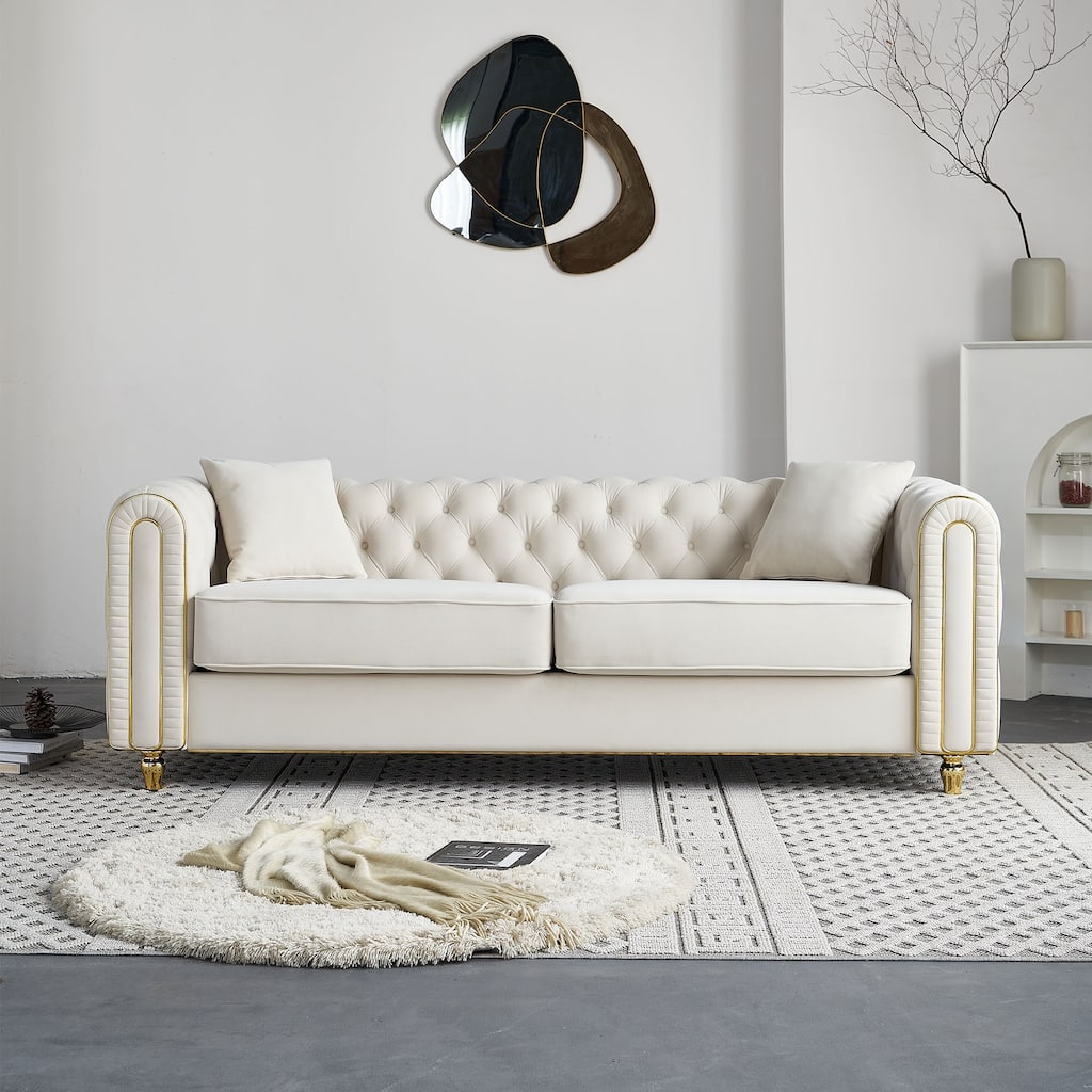 86" Luxury Modern Tufted Velvet Sofa with Toss Pillows, Rolled Arms, and Gold Trim for Living Room or Bedroom