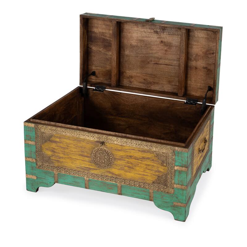 Nador Hand-Painted Brass Inlay Storage Trunk Coffee Table