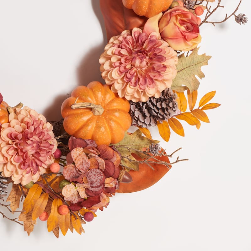 SAFAVIEH Lilea Faux 28 Inch Peony & Pumpkin Wreath with Pine Cones - 28" W x 28" D x 8" H - 28Wx28Dx8H