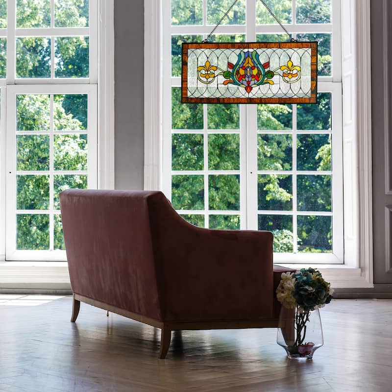River of Goods Fleur De Lis Stained Glass Pub Window Panel - 30"L x 0.25"W x 14"H