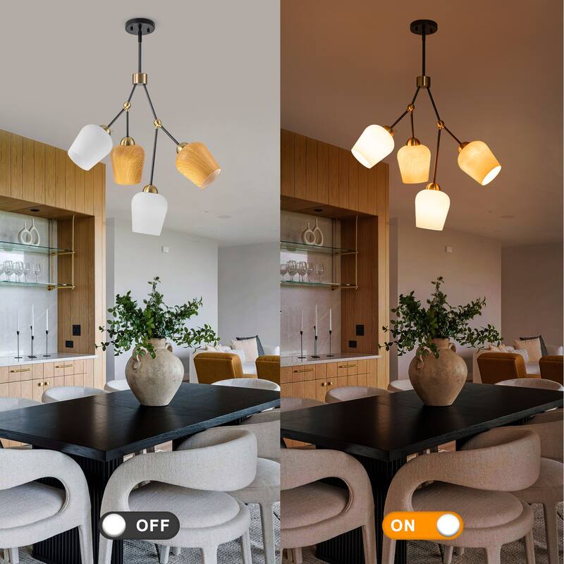 4-Light Black & Gold Y-Shaped Chandelier with Wood-Grain Glass Shades - Dia.22.83-in