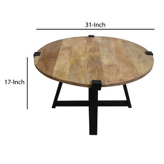 31 Inch Round Wooden Coffee Table, Metal Frame, X Base, Grains, Brown ...