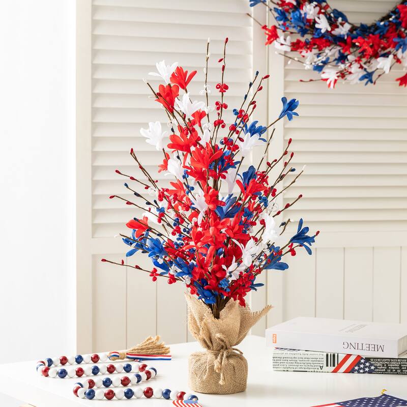 Glitzhome 21"H Patriotic/ Americana Red White Blue Floral Table Tree