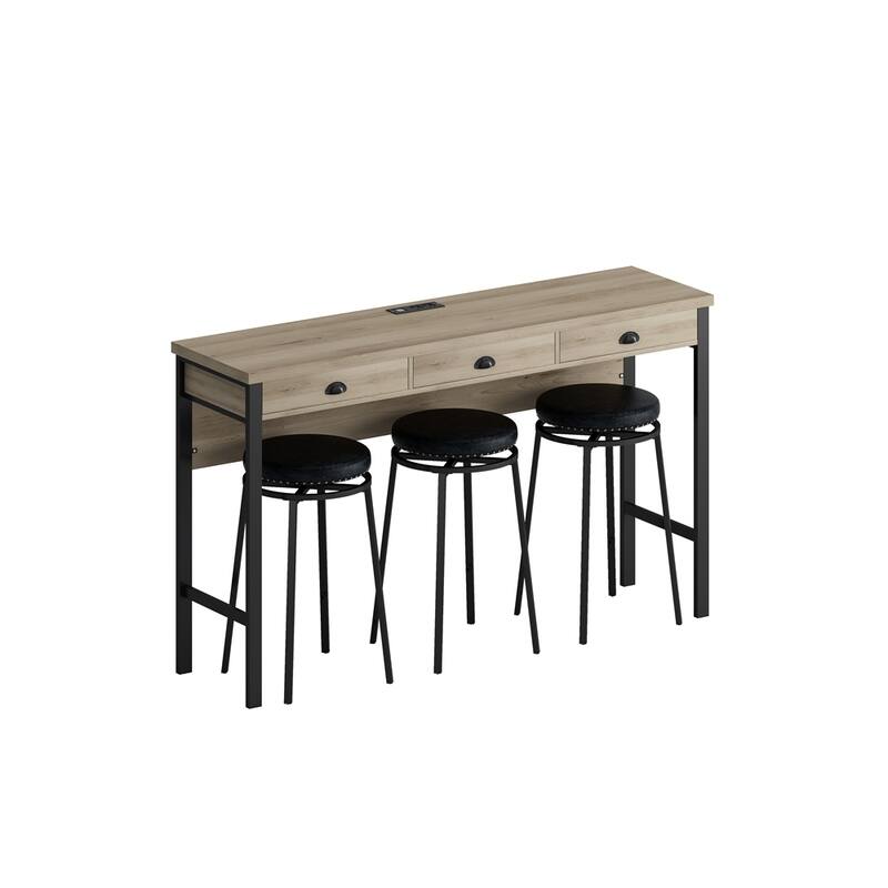 Long Dining Table Set w/Power Outlets,Bar Kitchen Table Set w/Stools