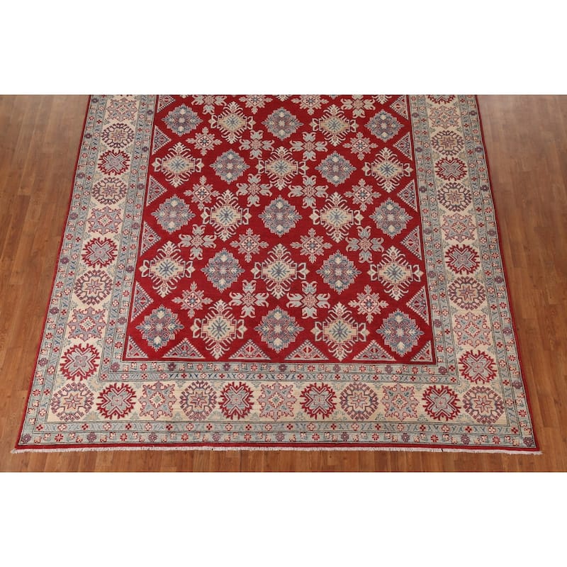 Red Geometric Kazak Area Rug Handmade Oriental Wool Carpet - 9'0"x 12'5"