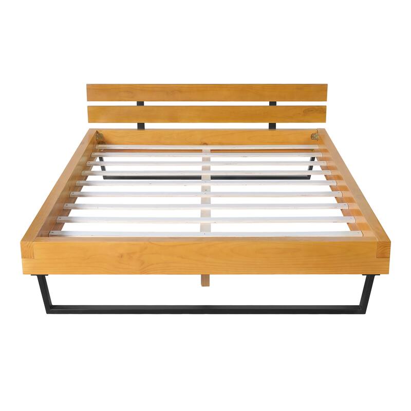 Natural Pine and Black Iron Bed Frame Sturdy and Stylish Design with Reinforced Slats
