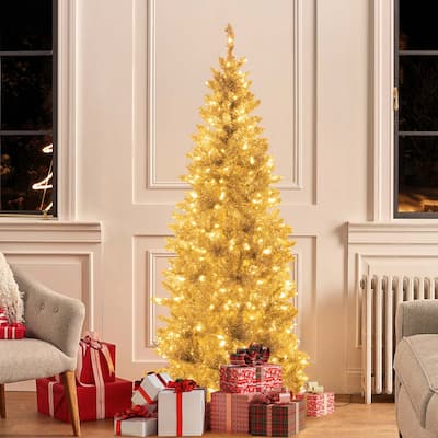 6/7FT Pre-lit Artificial Silver Tinsel Xmas Tree w/ 300/400 LED Lights