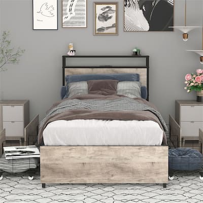 Twin Size Platform Bed Frame,Storage Headboard with Charging Station