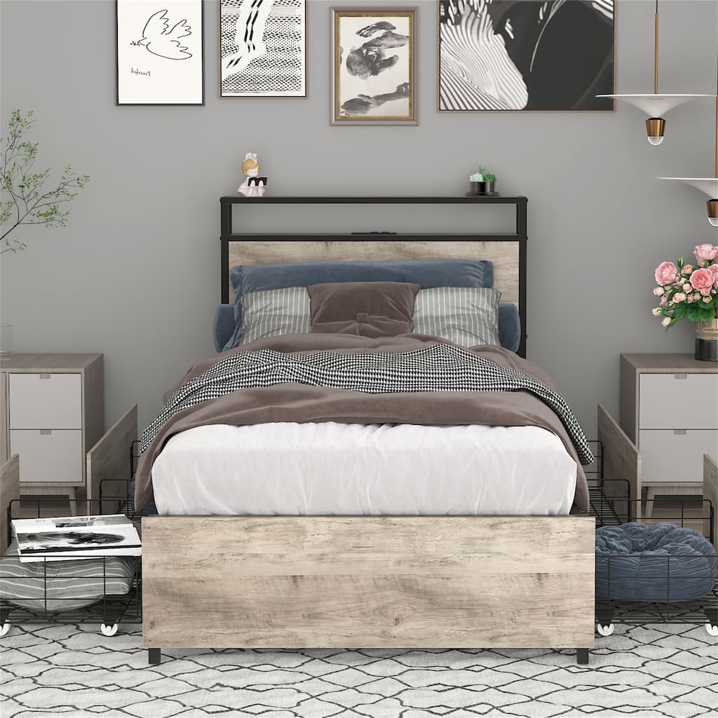Twin Size Platform Bed Frame,Storage Headboard with Charging Station