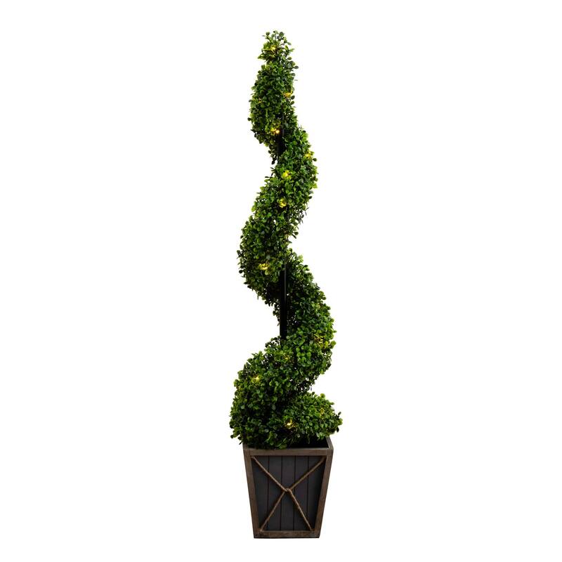 45" UV Resistant Boxwood Spiral Topiary with Lights in Planter - Green