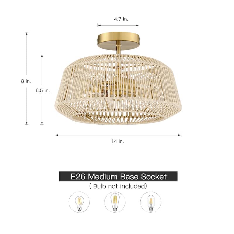 2-Light Rattan Semi-Flush Mount Ceiling Light - 14 in W