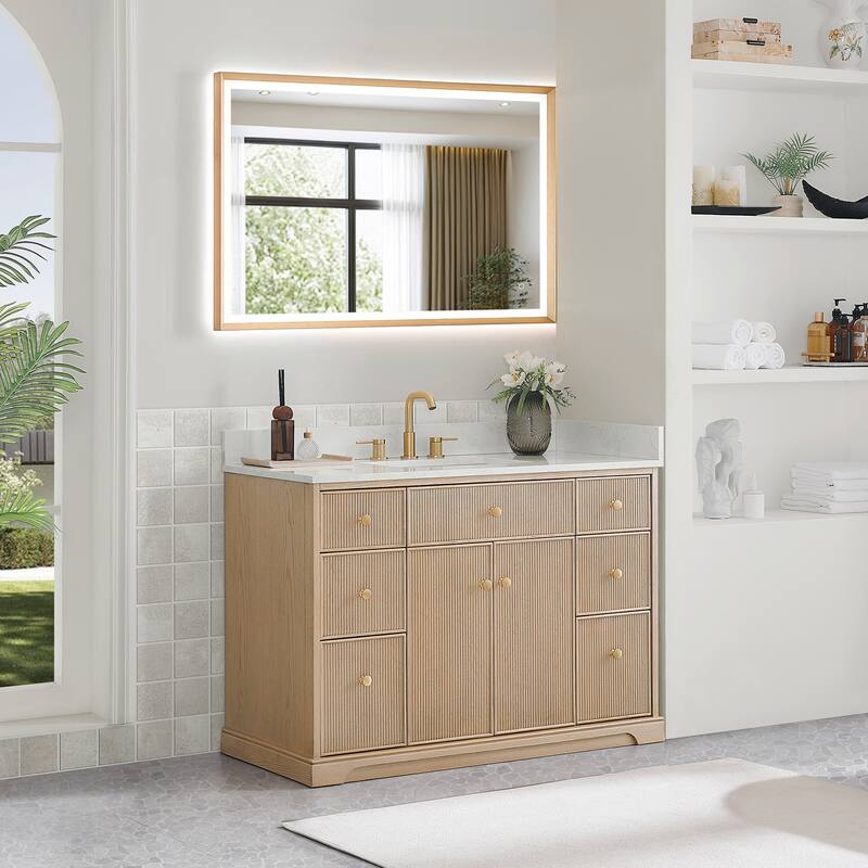 Barnett Bathroom Vanity in Natural Oak with Grain White Engineered Stone Countertop No Mirror