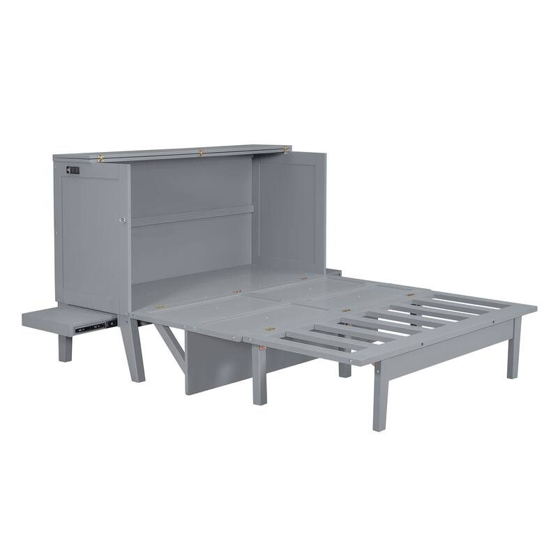 Queen Size Foldable Murphy Bed Convertible Wall Cabinet Bed with USB Ports, Dual Power Outlets and Sliding Side Tables
