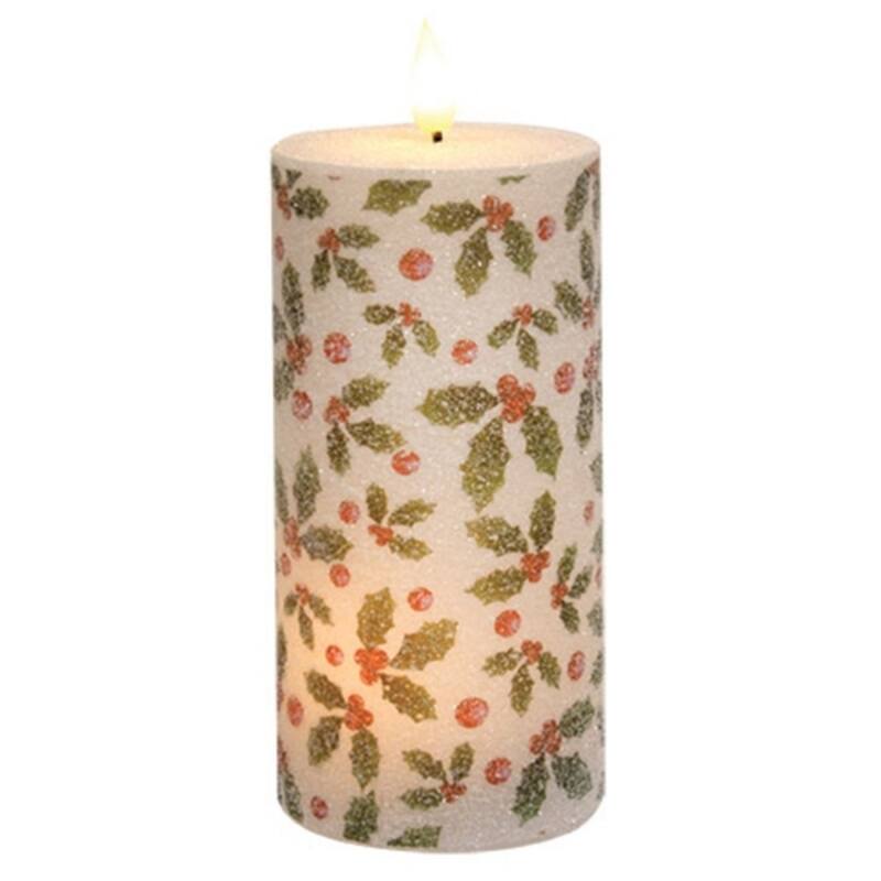 Holiday Holly & Berries LED Timer Pillar Candle, 6-In - 3" x 3" x 6" - Multi