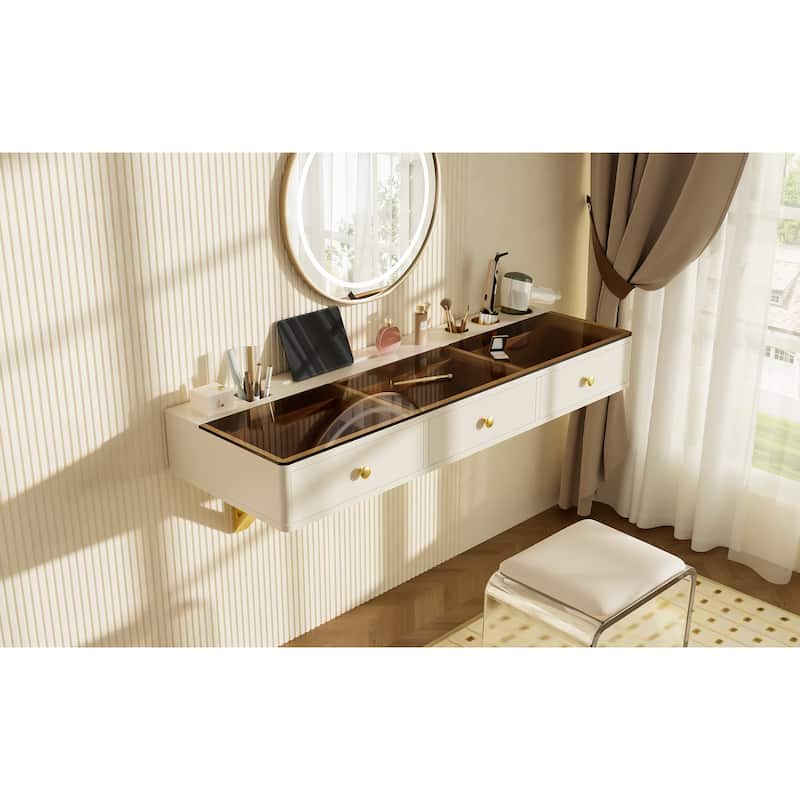 47 inch Floating Shelf with Drawer Multi Purpose Wall Mounted Vanity Table White Golden