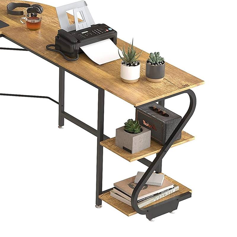 Reversible L-Shaped Large Corner Computer Desk with Shelves Brown